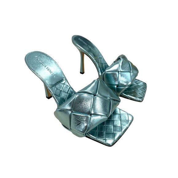 New Bottega Veneta $1500 Lido Icy Moon Blue Quilted Leather Heeled Mule Shoes 38 - Picture 1 of 12